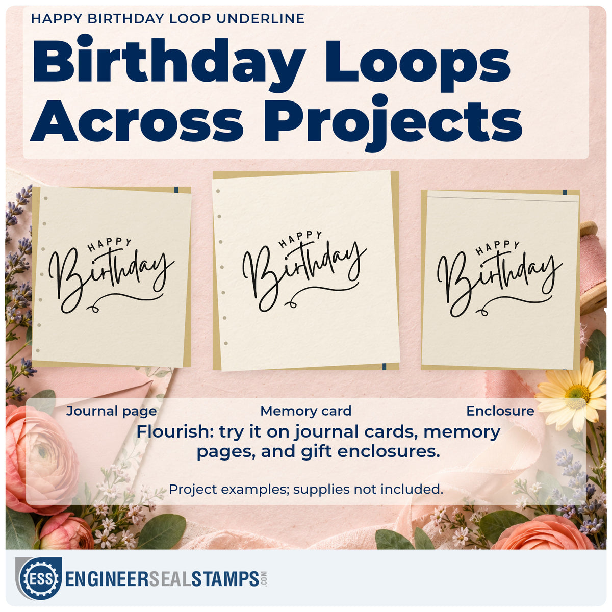 Three project examples made with the Happy Birthday Loop Underline Arch Rubber Stamp – Duo Hand, including order queue sheet.