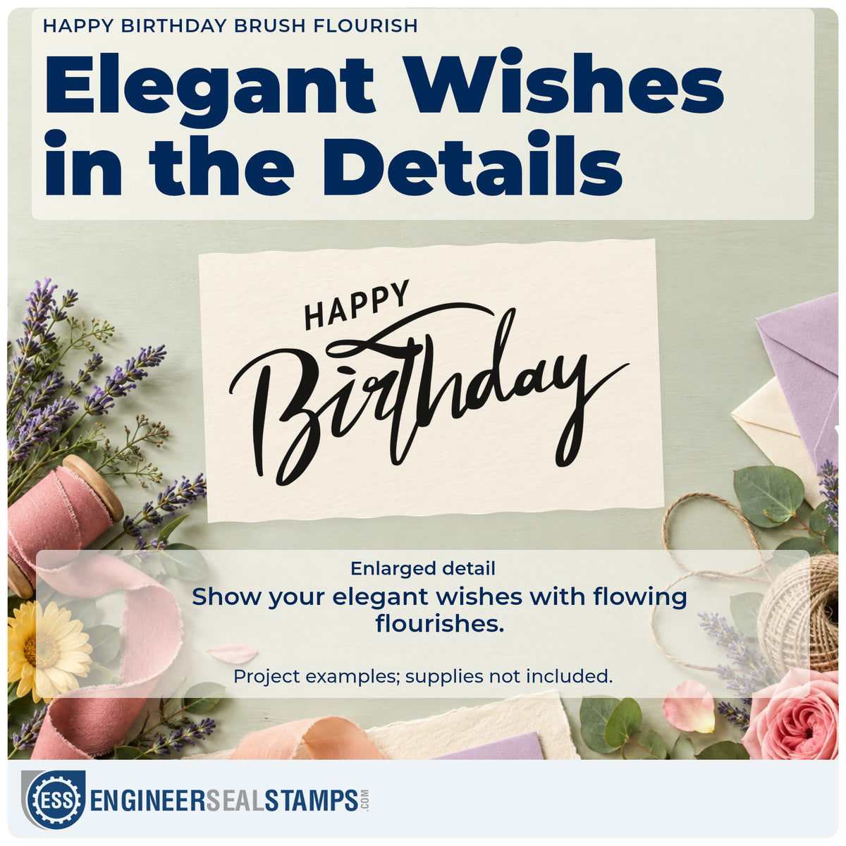 Enlarged detail of the Pre-Inked Happy Birthday Brush Flourish Stamp – PSI imprint. Small HAPPY sits above bold brush-script Birthday with a curved top flourish.