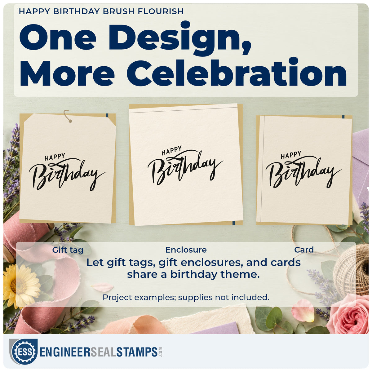 Three project examples made with the Happy Birthday Brush Flourish Rubber Stamp – Wood Handle, including install plan sheet.