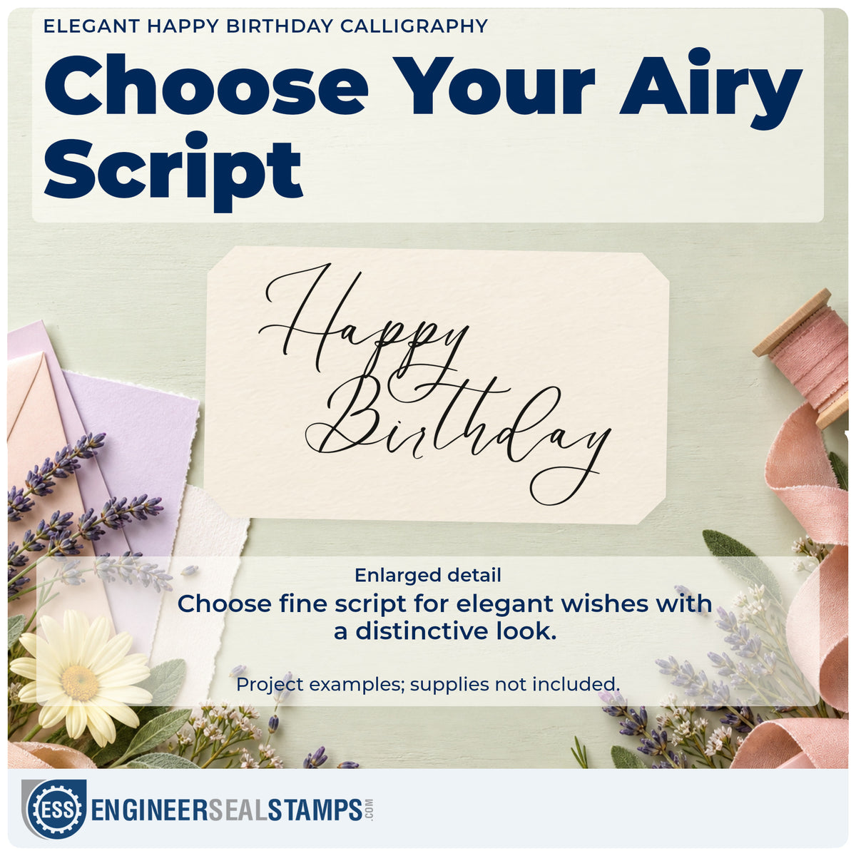 Enlarged detail of the Elegant Happy Birthday Calligraphy Self-Inking Stamp imprint. Happy Birthday appears in two lines of fine, sweeping calligraphy.