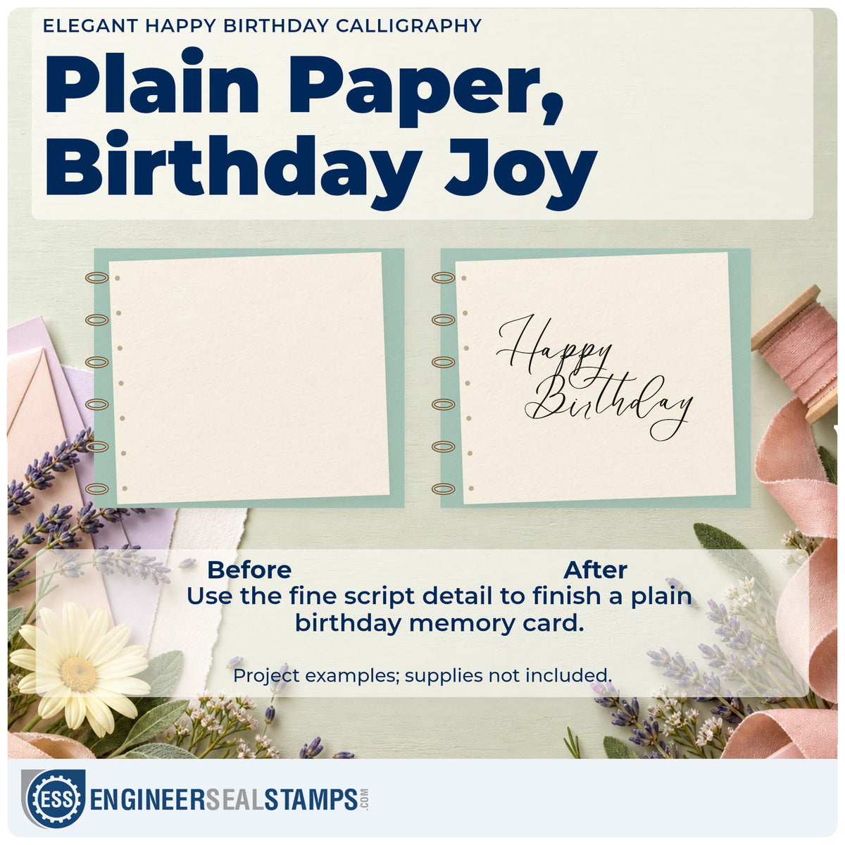Before and after of a plain item finished with the Elegant Happy Birthday Calligraphy Rubber Stamp – Duo Hand, a quick upgrade for framed writing desk.