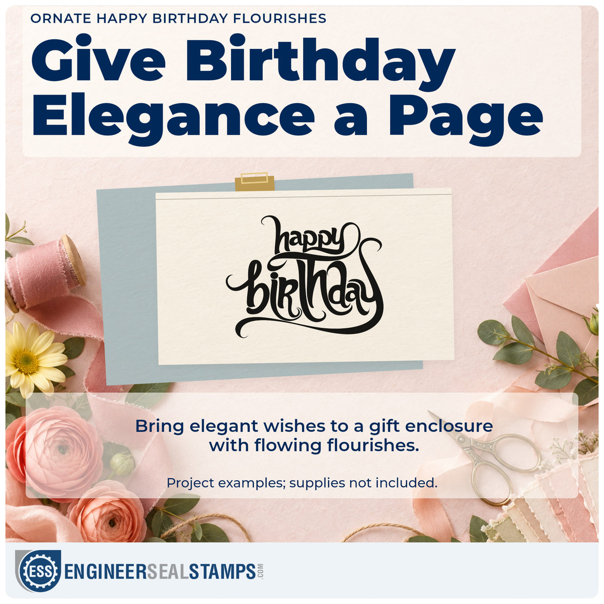 A finished handmade project stamped with the Ornate Happy Birthday Flourishes Script Lettering PSI Pre-Inked Stamp, ideal for vintage party album page.