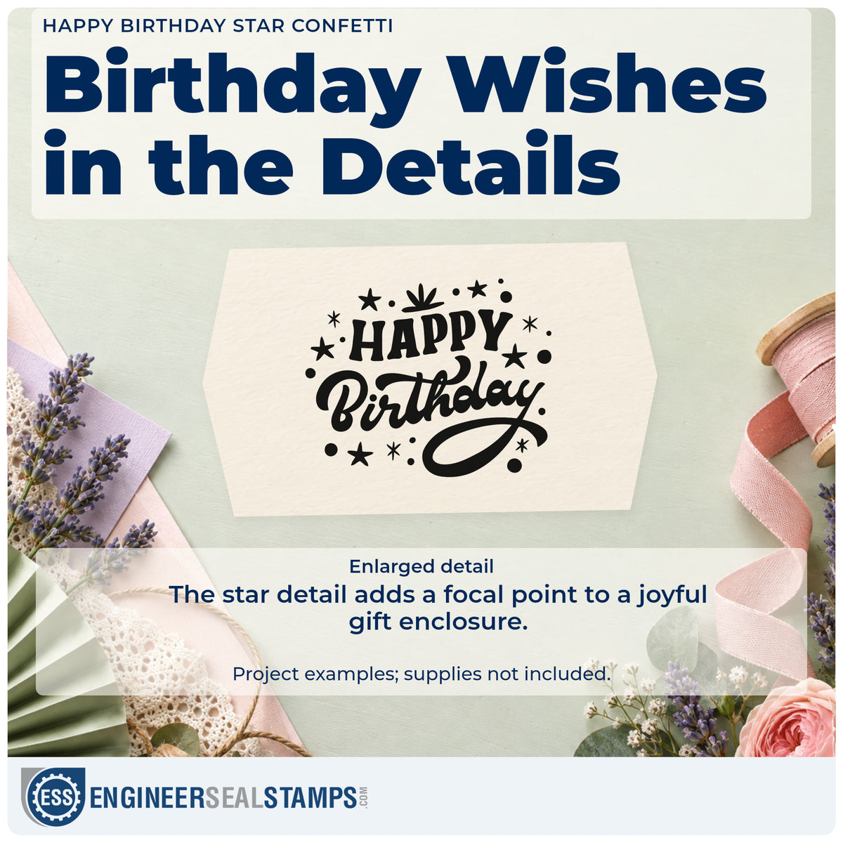 Enlarged detail of the Happy Birthday Star Confetti With Sparkles Pre-Inked Stamp – PSI imprint. HAPPY Birthday appears in bold lettering surrounded by stars, dots, and small sparkles.