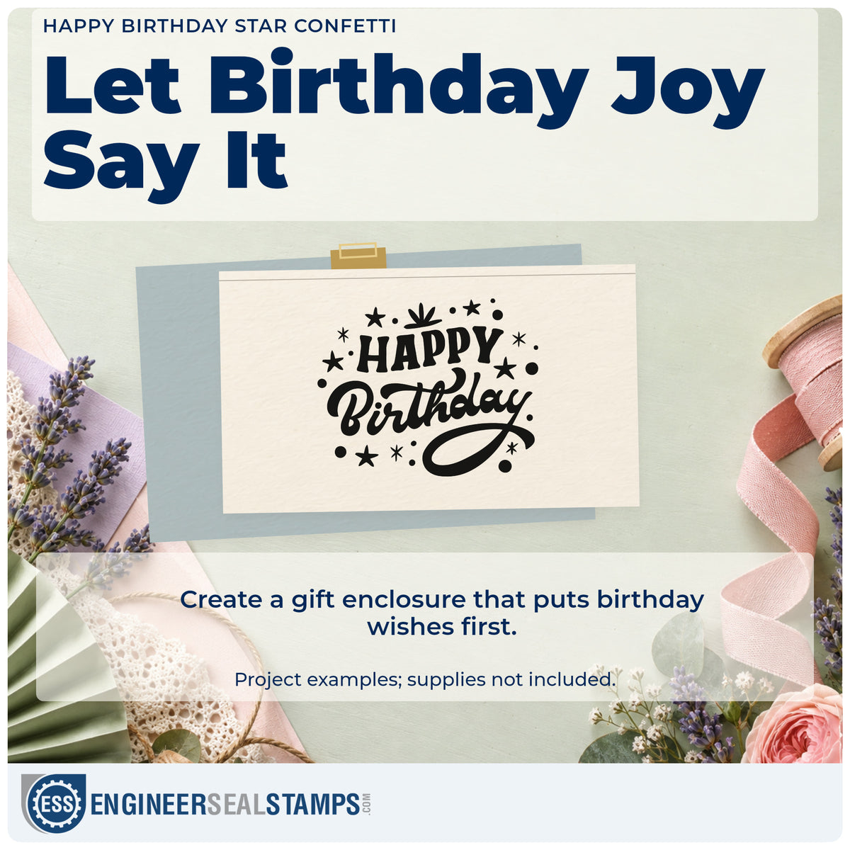 A finished handmade project stamped with the Happy Birthday Star Confetti With Sparkles Pre-Inked Stamp – PSI, ideal for space party album page.