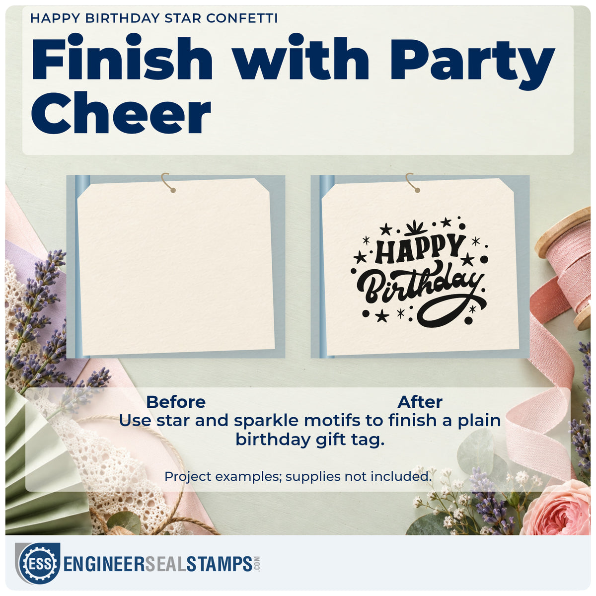 Before and after of a plain item finished with the Happy Birthday Star Confetti With Sparkles Pre-Inked Stamp – PSI, a quick upgrade for framed entry hall.