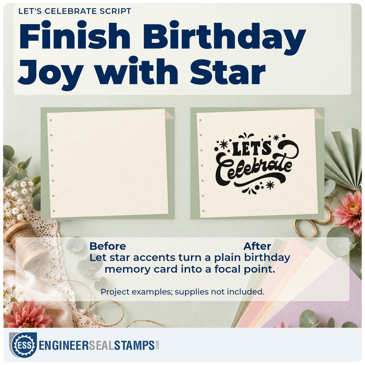 Before and after of a plain item finished with the Duo Hand Bold Let's Celebrate Decorative Lettering Rubber Stamp, a quick upgrade for framed hall entry.