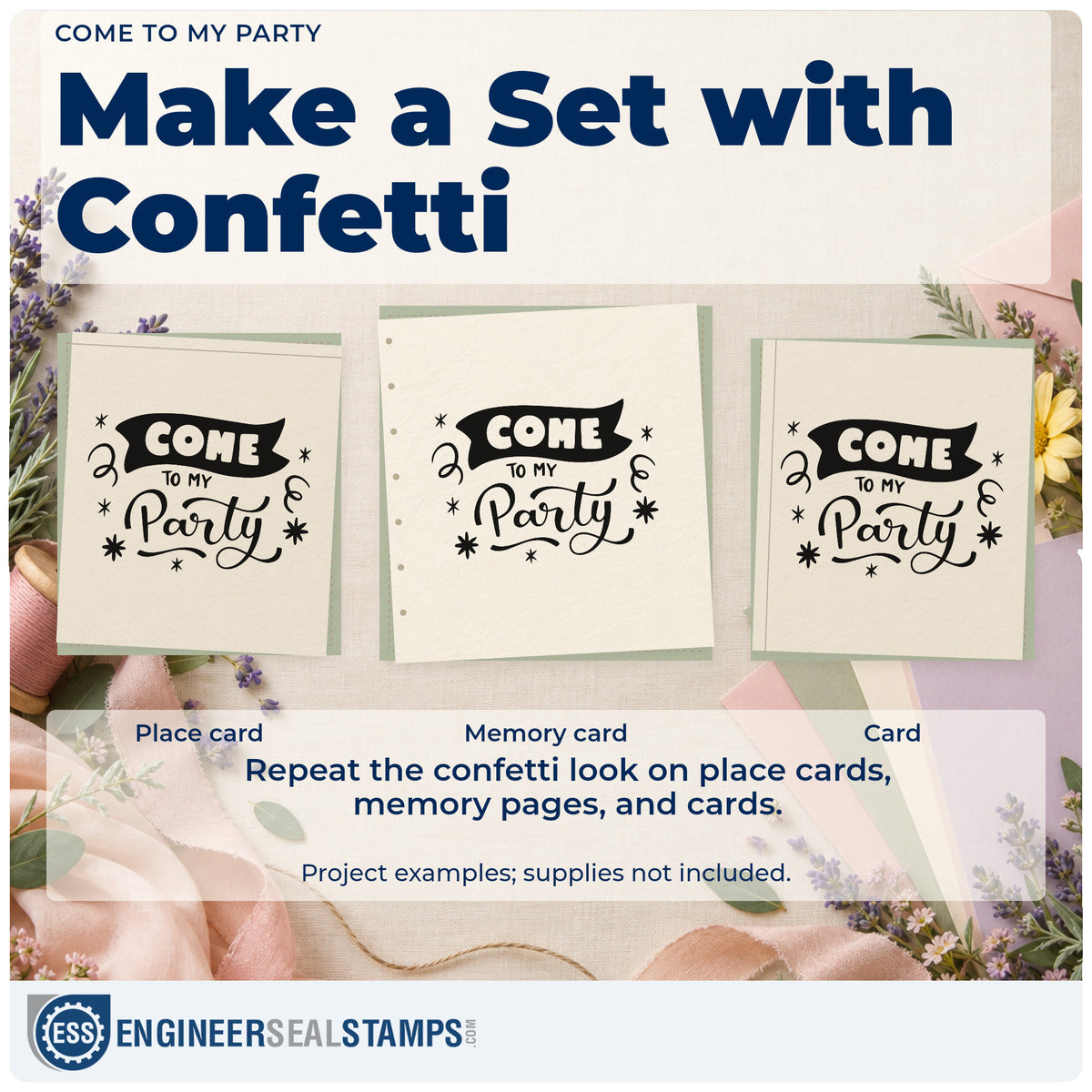 Three project examples made with the Come To My Party With Stars Pre-Inked Stamp – PSI, including order queue sheet.