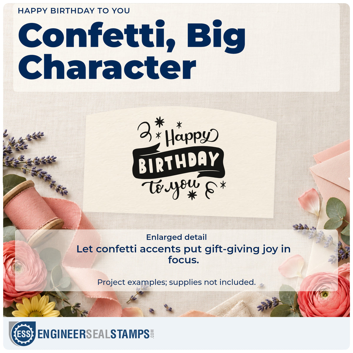 Enlarged detail of the Happy Birthday To You With Stars Hand Stamp – Duo imprint. Happy BIRTHDAY To you appears with a dark middle ribbon, curled streamers, and stars.