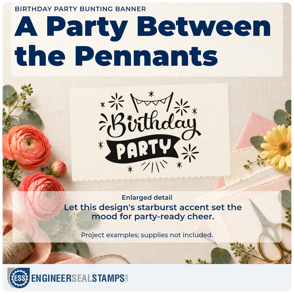 Enlarged detail of the Birthday Party Bunting Banner Rubber Stamp – Wood Handle imprint. Birthday PARTY appears with pennant bunting, a dark ribbon, starbursts, and small stars.