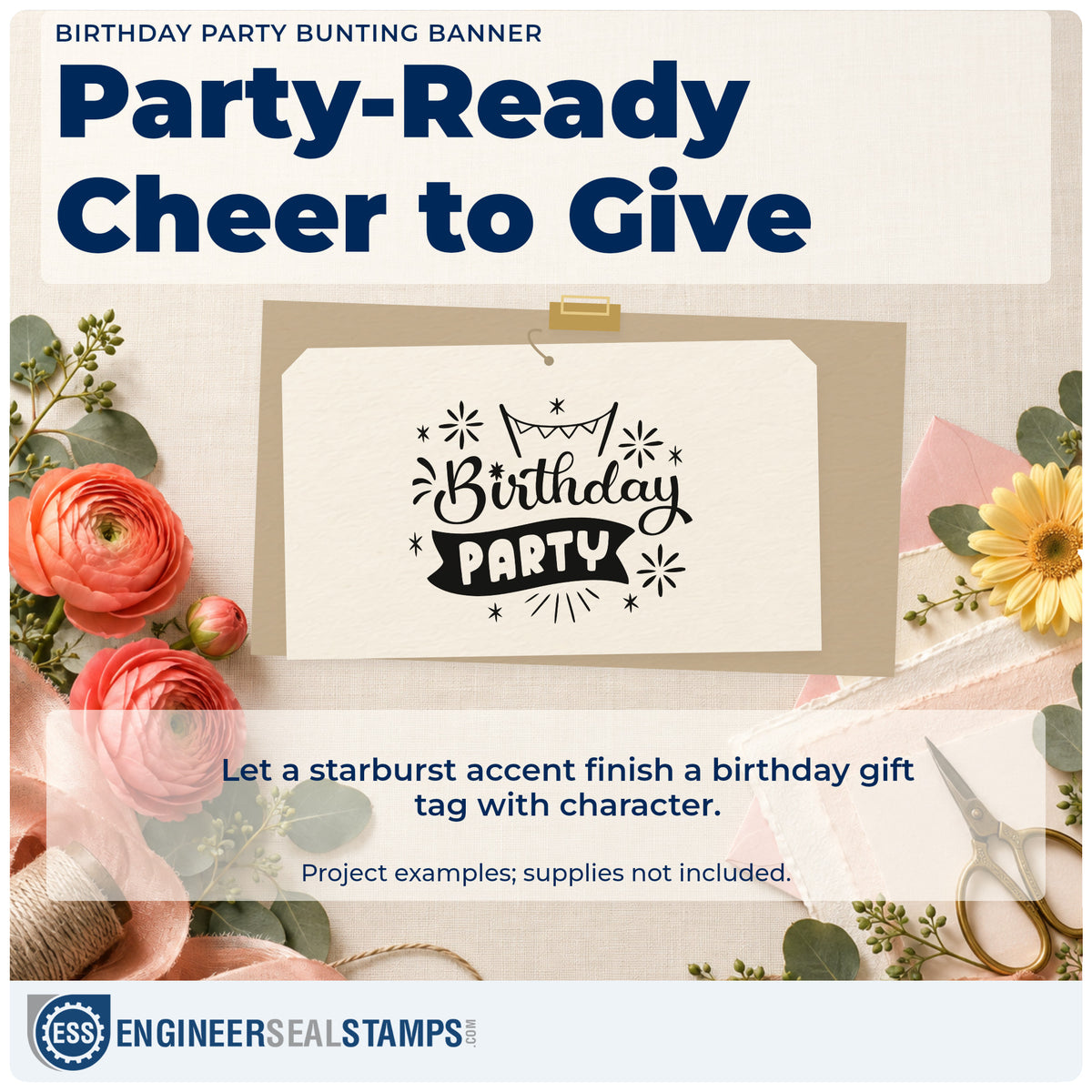 A finished handmade project stamped with the Birthday Party Bunting Banner Rubber Stamp – Wood Handle, ideal for fundraiser album page.