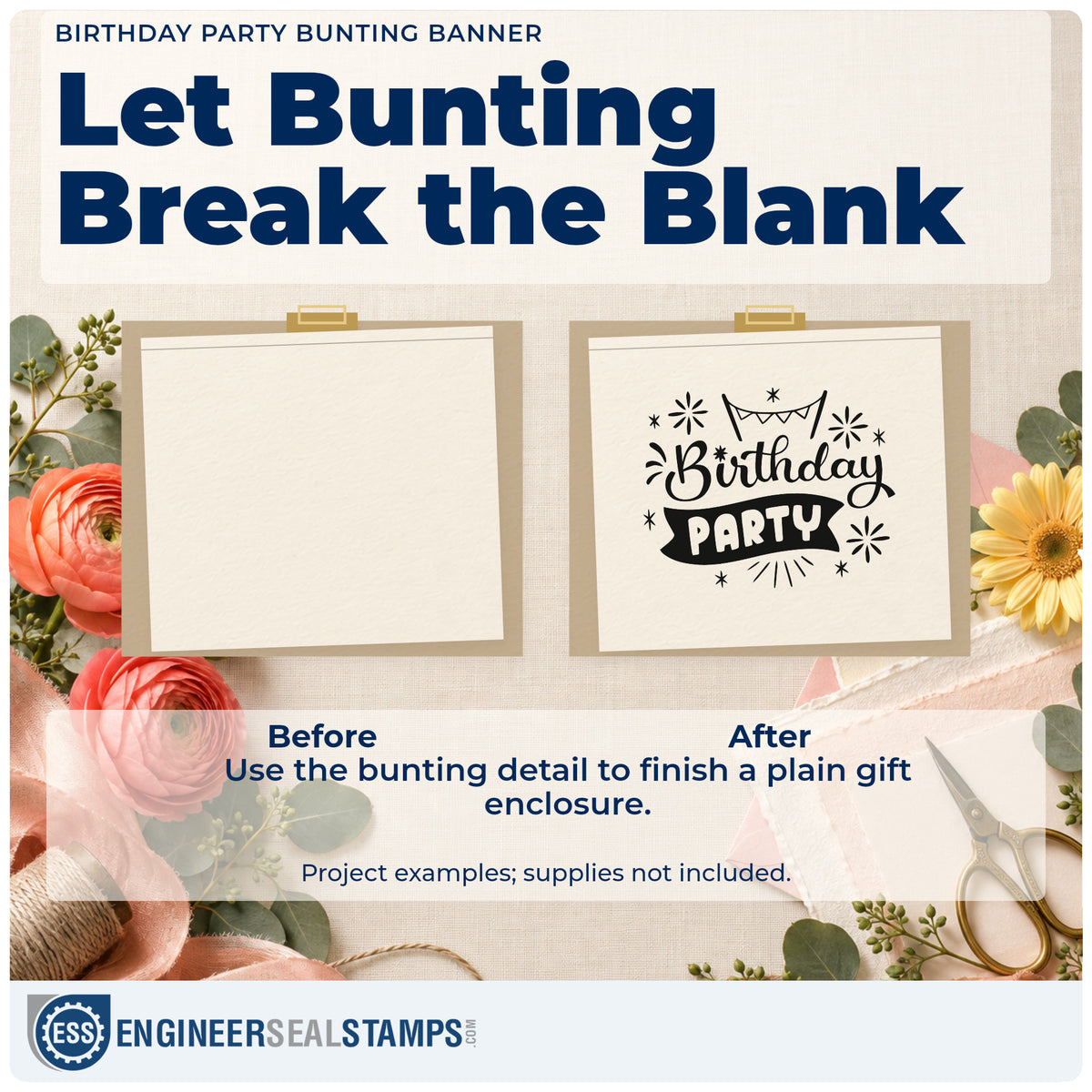 Before and after of a plain item finished with the Birthday Party Bunting Banner Rubber Stamp – Wood Handle, a quick upgrade for framed school hall.