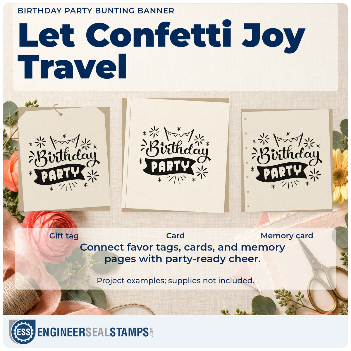 Three project examples made with the Birthday Party Bunting Banner Rubber Stamp – Wood Handle, including helper rota sheet.