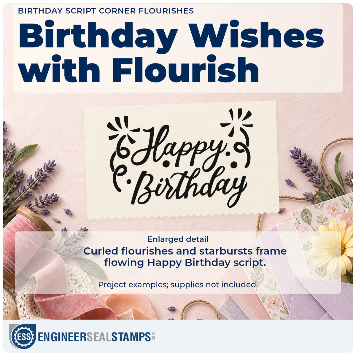 Enlarged detail of the Birthday Script Corner Flourishes Hand Stamp – Duo imprint. Happy Birthday appears in flowing script framed by curled flourishes and starburst accents.