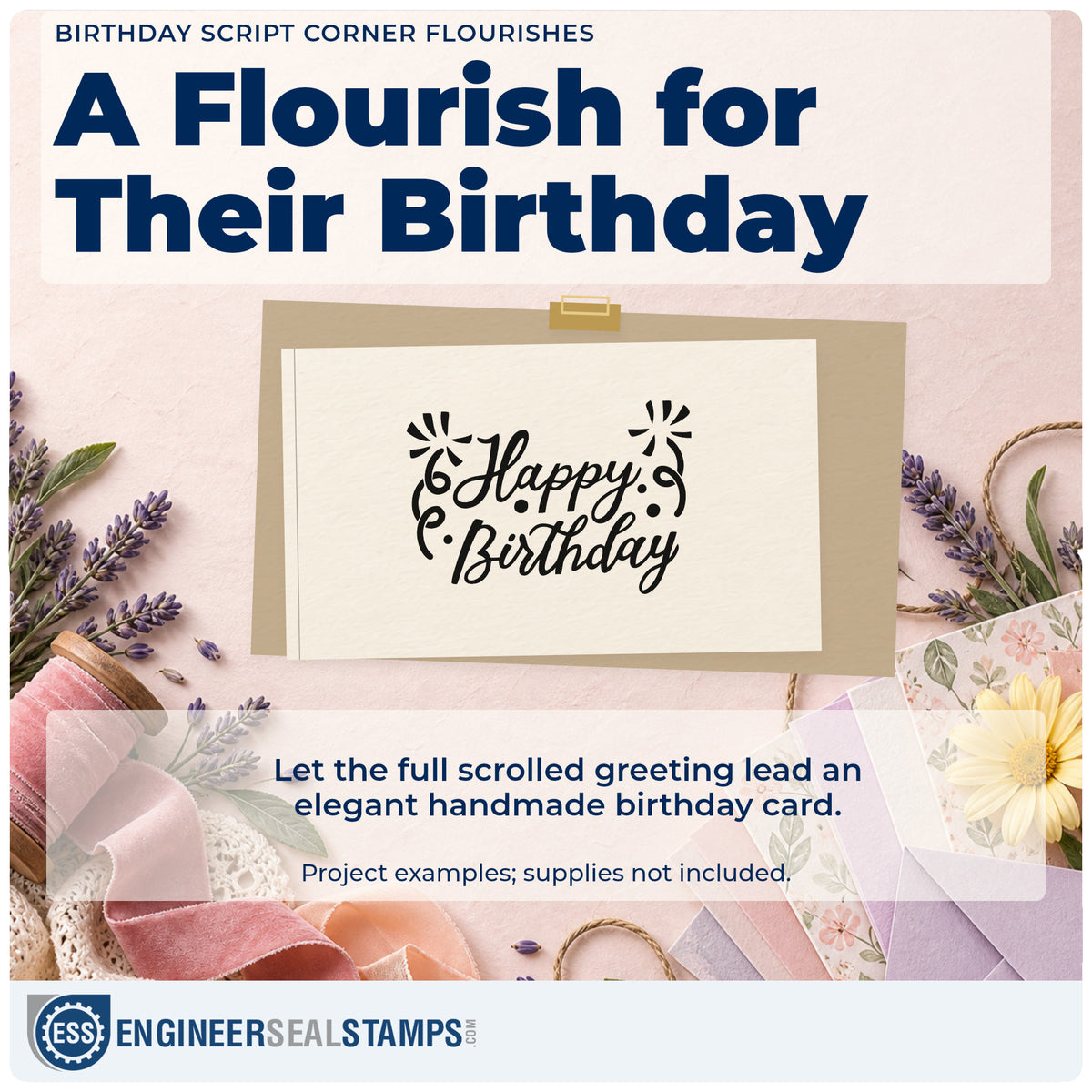 A finished handmade project stamped with the Birthday Script Corner Flourishes Hand Stamp – Duo, ideal for portrait album page.