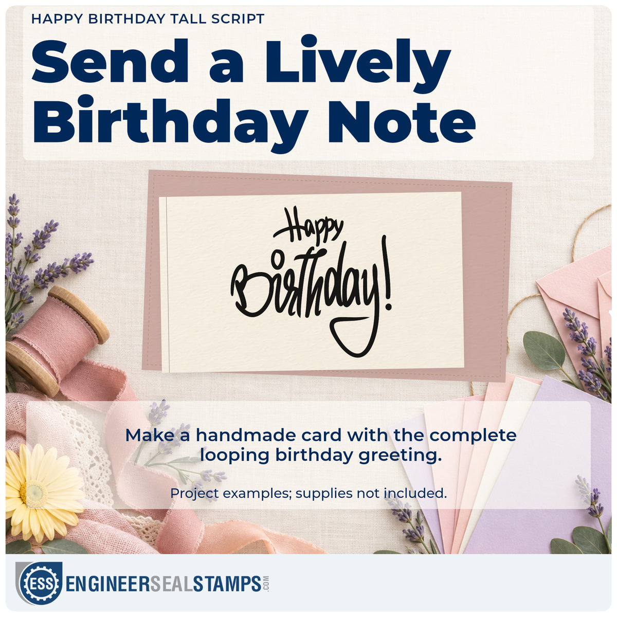 A finished handmade project stamped with the Happy Birthday Tall Looped Script Pre-Inked Stamp – Slim, ideal for vineyard album page.