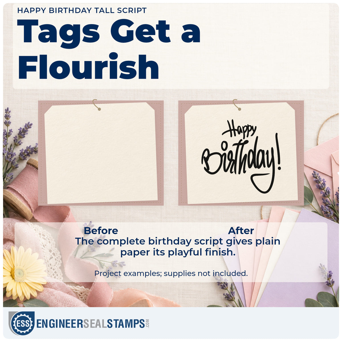 Before and after of a plain item finished with the Happy Birthday Tall Looped Script Pre-Inked Stamp – Slim, a quick upgrade for framed tasting room.