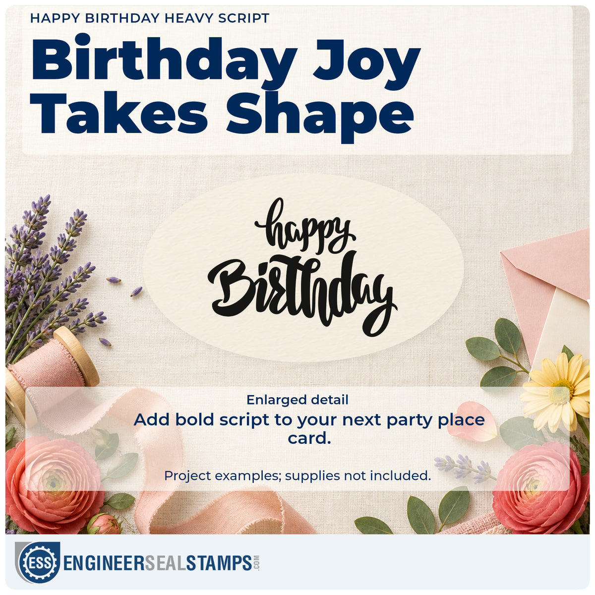Enlarged detail of the Happy Birthday Heavy Script Lettering Rubber Stamp – Duo Hand imprint. happy Birthday appears in two lines of thick flowing brush script.