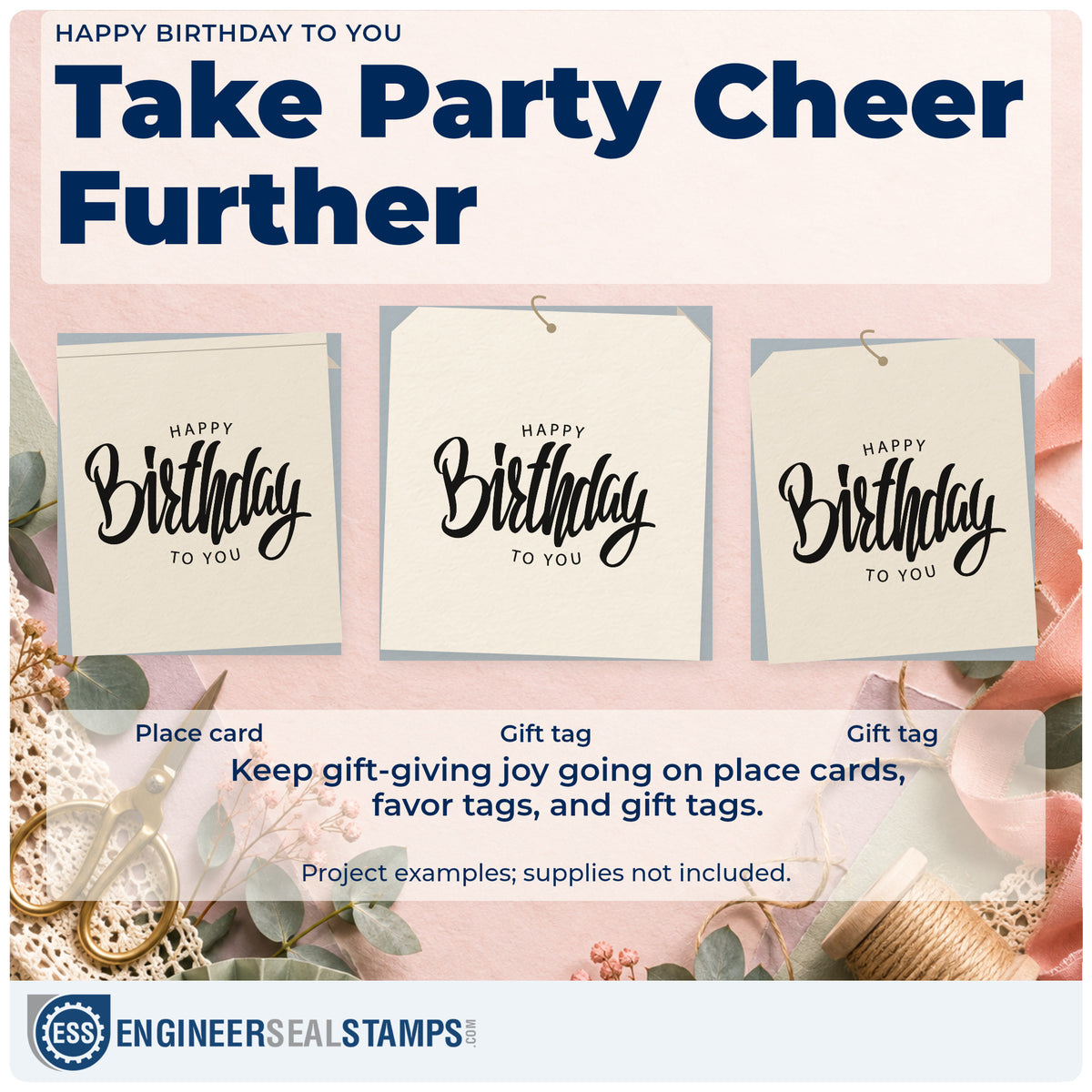 Three project examples made with the Happy Birthday To You Frame Accent Duo Hand Stamp, including birthday list sheet.