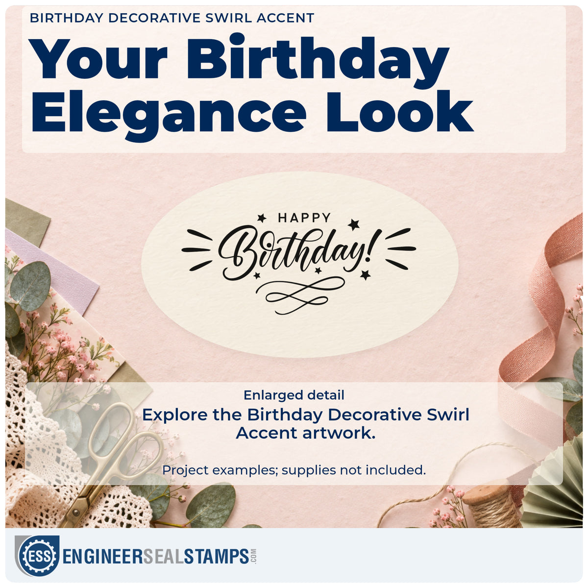 Enlarged detail of the Birthday Decorative Swirl Accent Hand Stamp – Duo imprint. HAPPY Birthday! appears with small stars, radiating side strokes, and a looping flourish below.