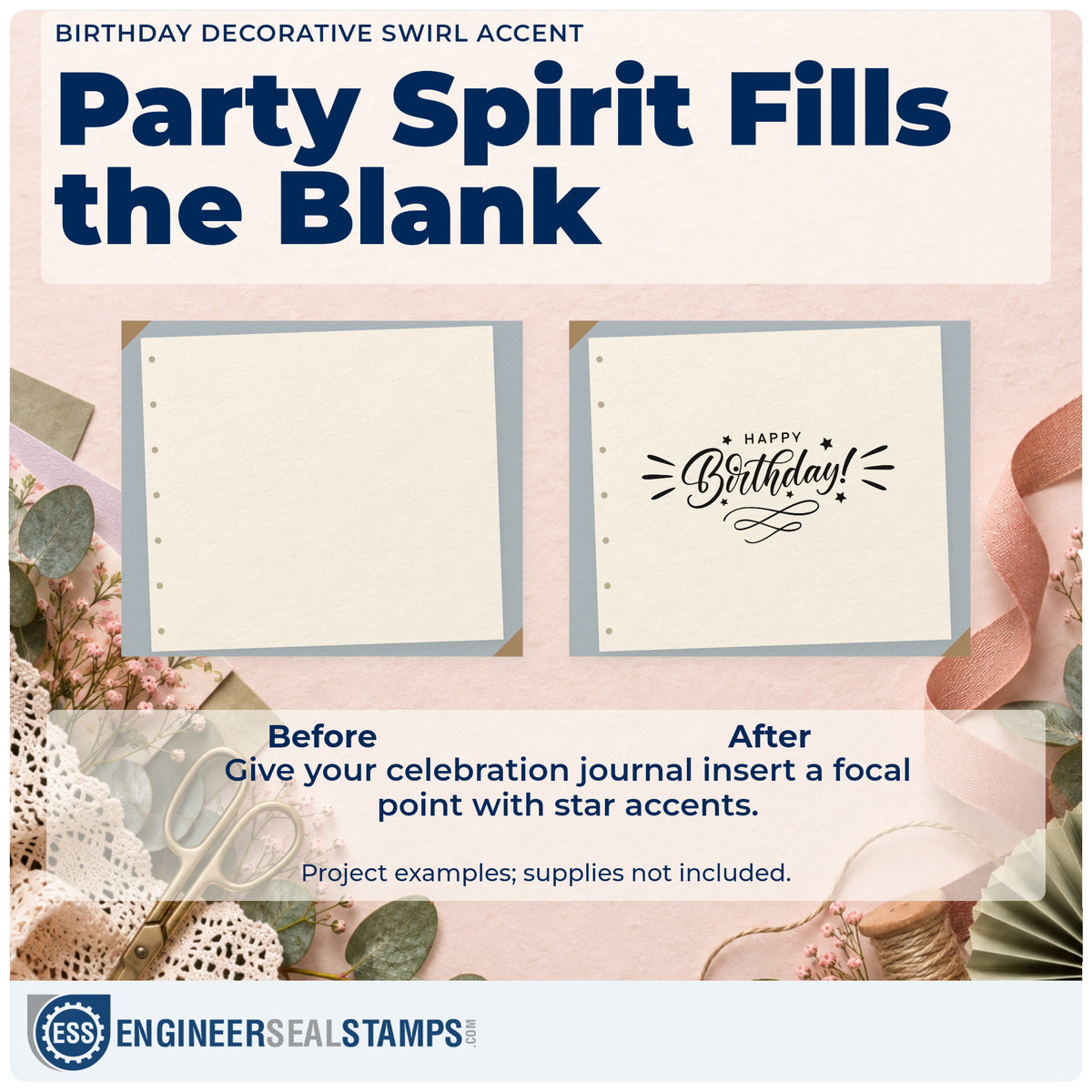 Before and after of a plain item finished with the Birthday Decorative Swirl Accent Hand Stamp – Duo, a quick upgrade for framed break room.
