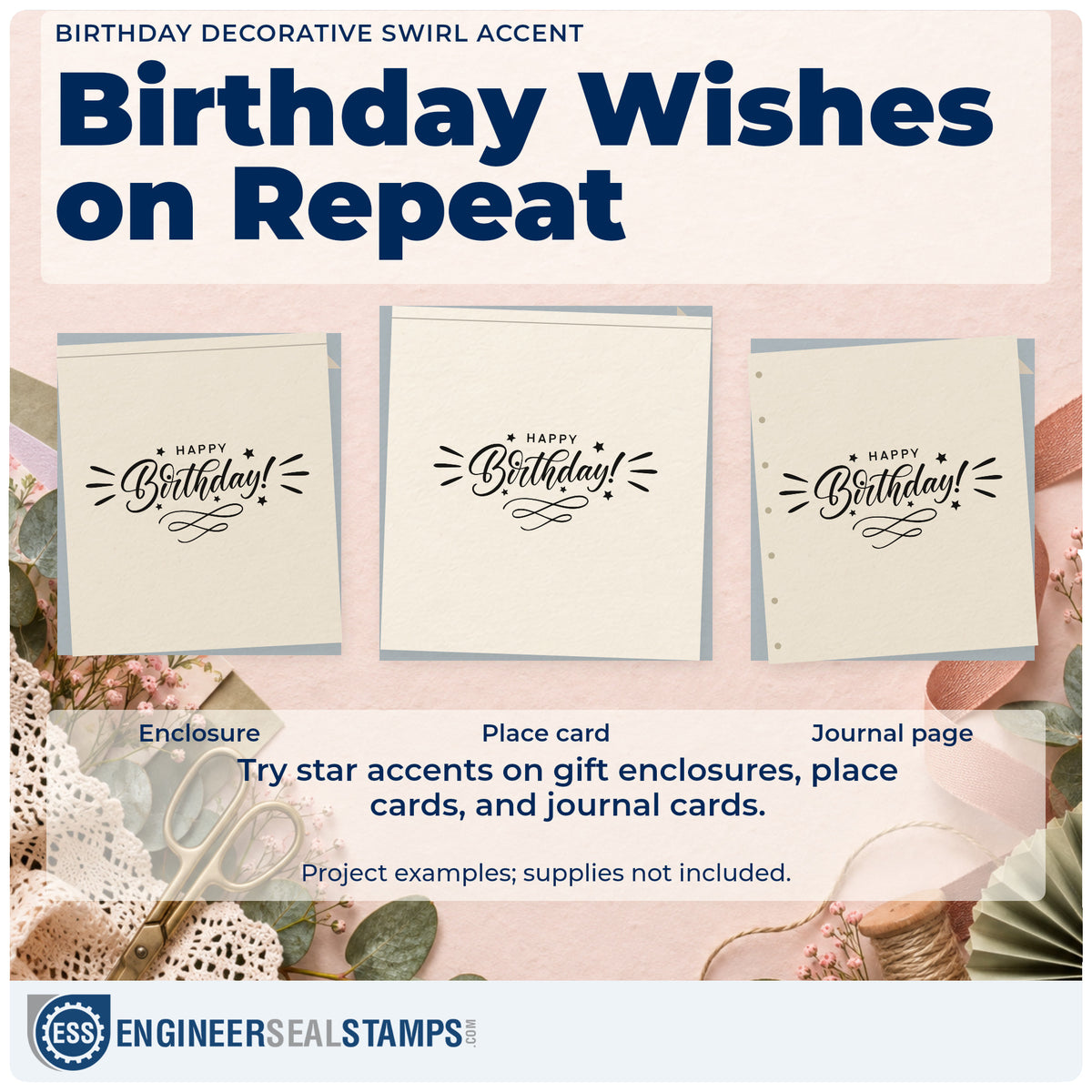 Three project examples made with the Birthday Decorative Swirl Accent Hand Stamp – Duo, including collection sheet.