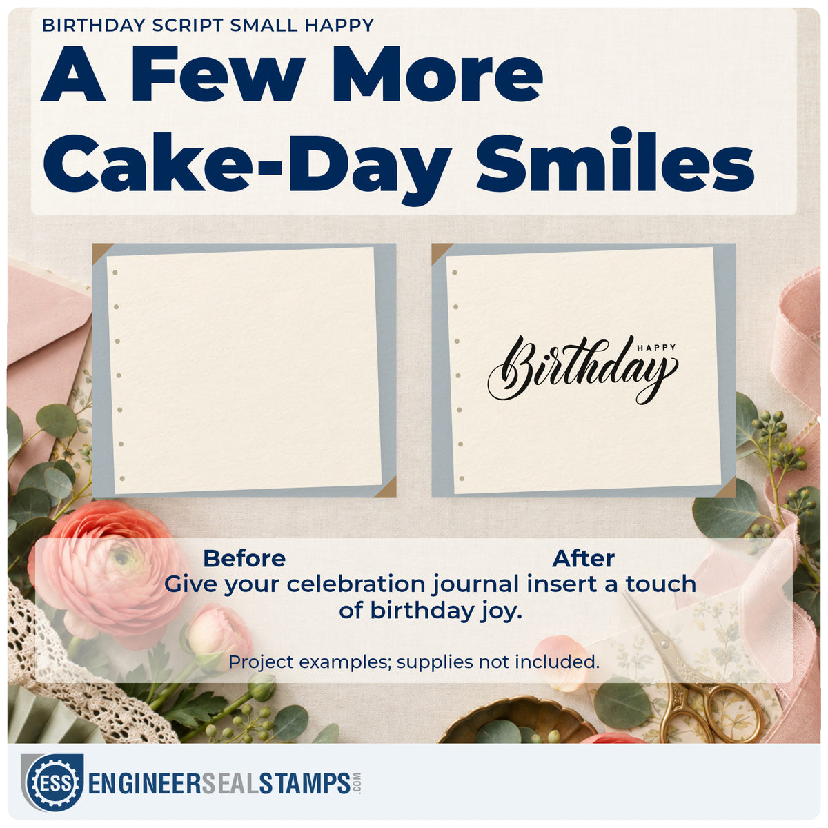 Before and after of a plain item finished with the Happy Birthday Asymmetric Script Slim Pre-Inked Stamp, a quick upgrade for framed stitch bench.