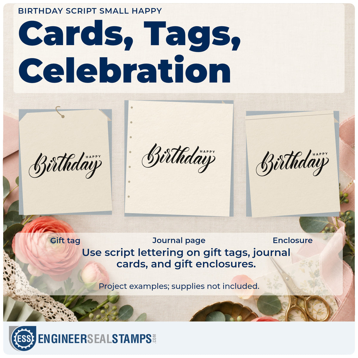 Three project examples made with the Happy Birthday Asymmetric Script Slim Pre-Inked Stamp, including order queue sheet.