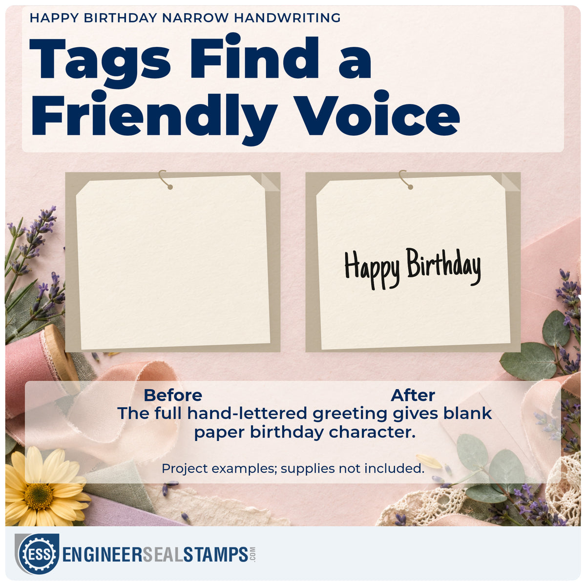 Before and after of a plain item finished with the Happy Birthday Narrow Handwriting Pre-Inked Stamp – Slim, a quick upgrade for framed writing desk.