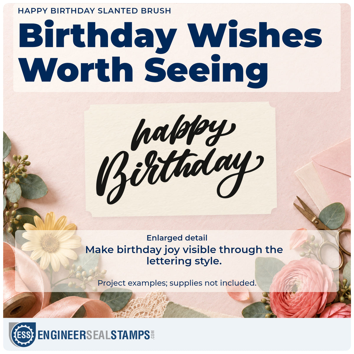 Enlarged detail of the Happy Birthday Slanted Brush Lettering Slim Pre-Inked Stamp imprint. happy Birthday appears in two lines of bold slanted brush lettering.
