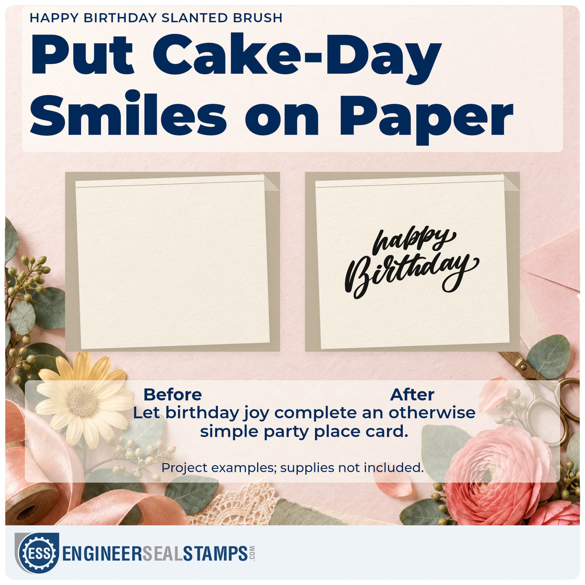 Before and after of a plain item finished with the Happy Birthday Slanted Brush Lettering Pre-Inked Stamp – PSI, a quick upgrade for framed serving hatch.