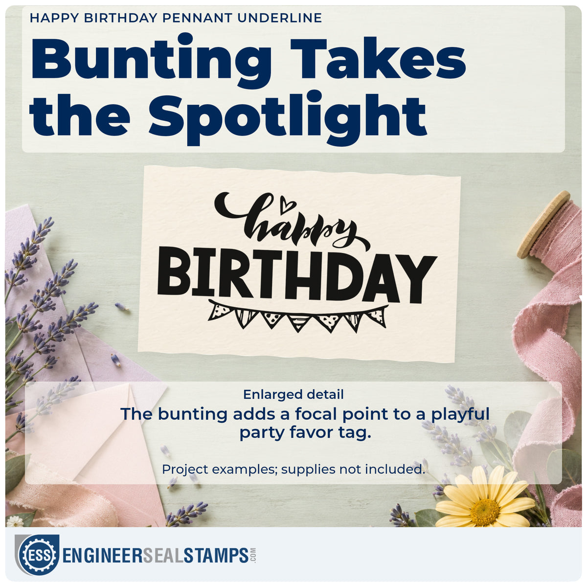 Enlarged detail of the Happy Birthday Pennant Underline Bunting Pre-Inked Stamp – PSI imprint. Small script Happy sits above bold BIRTHDAY with patterned pennant bunting below.