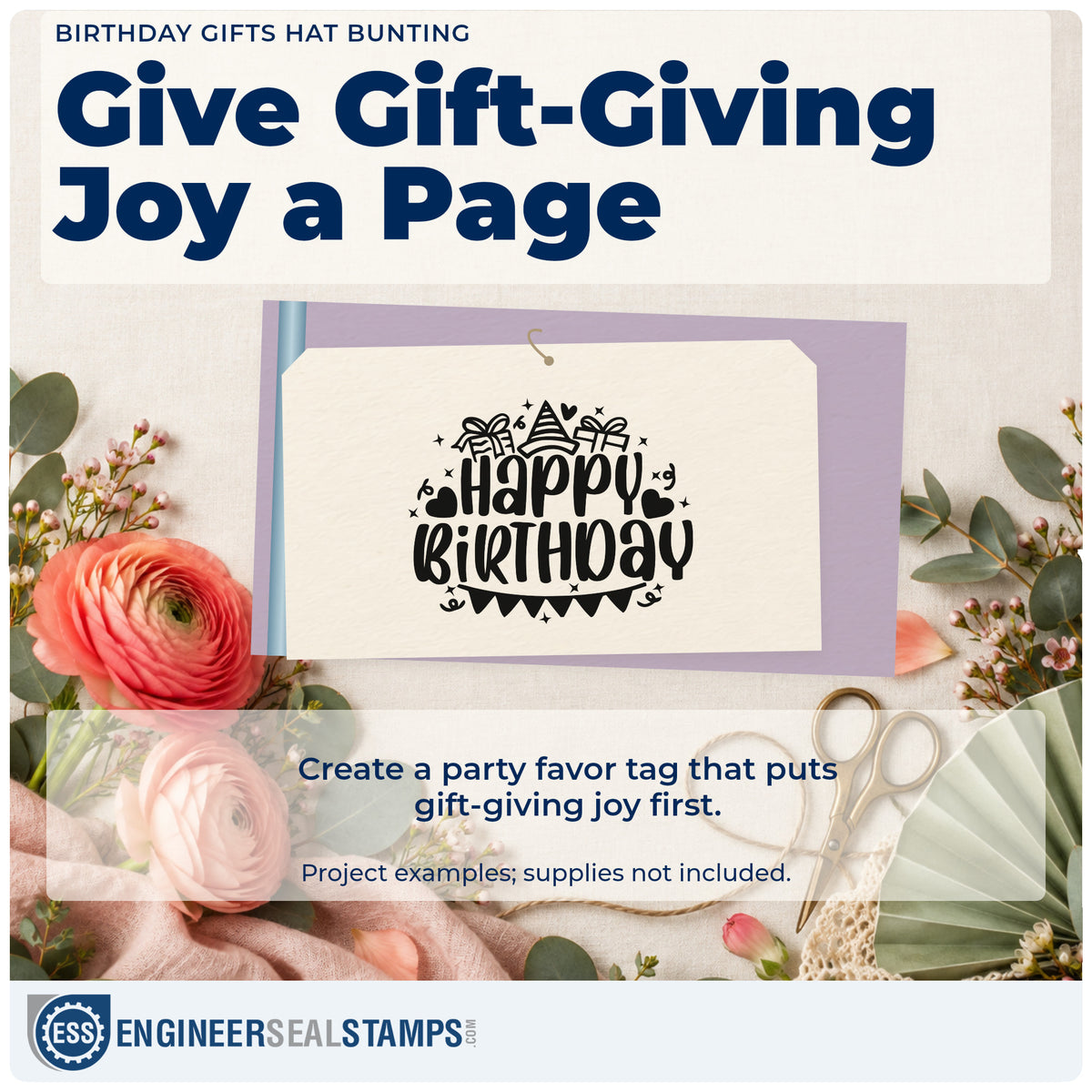 A finished handmade project stamped with the Birthday Gifts Hat Bunting Premium Wood-Mounted Stamp – Vintage Pro, ideal for toy library album page.
