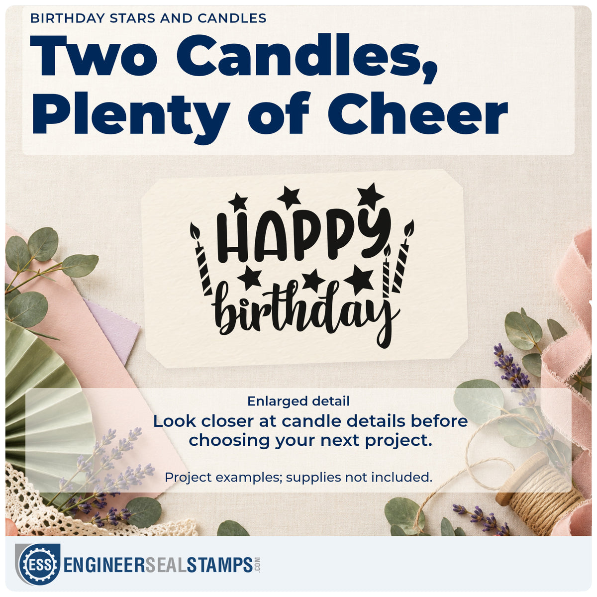 Enlarged detail of the Birthday Stars And Candles Wood Handle Stamp imprint. HAPPY birthday appears among solid stars and two striped candles.