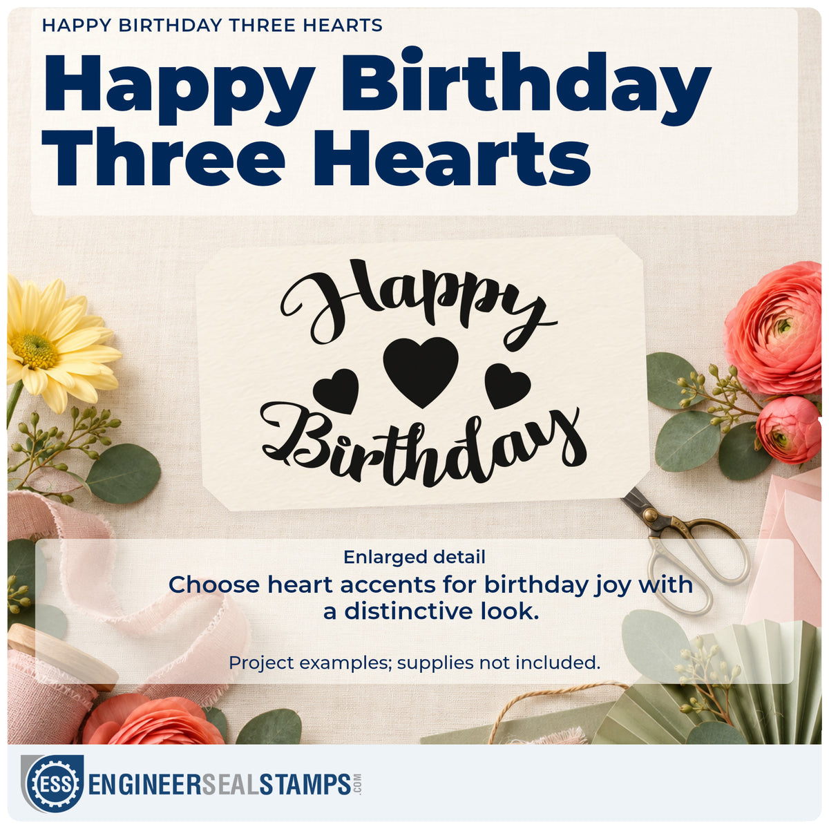 Enlarged detail of the Three Hearts Birthday Greeting Stamp – Self-Inking imprint. Happy Birthday curves around three solid hearts.