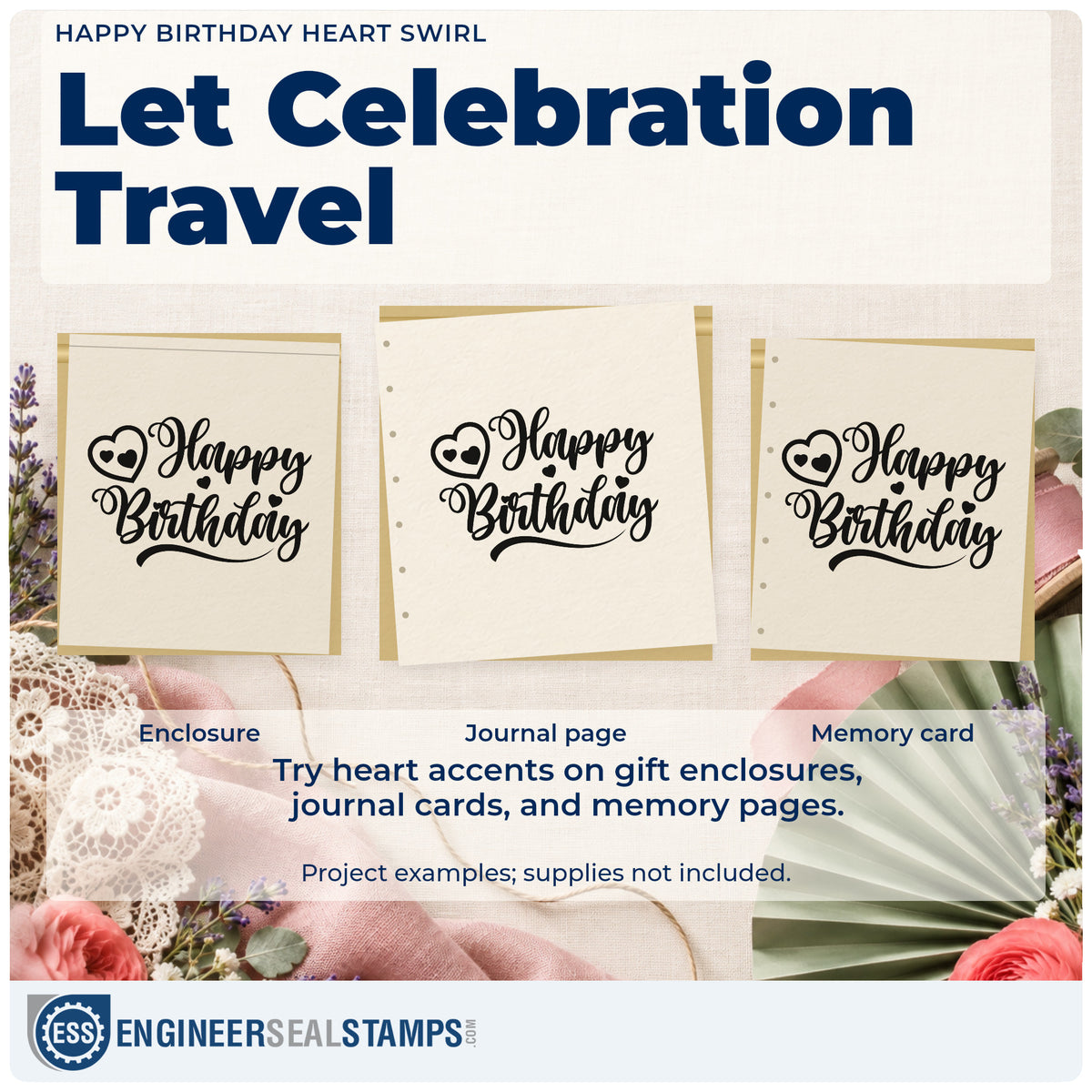 Three project examples made with the Curled Heart With Happy Birthday Lettering Slim Pre-Inked Stamp, including respite plan sheet.