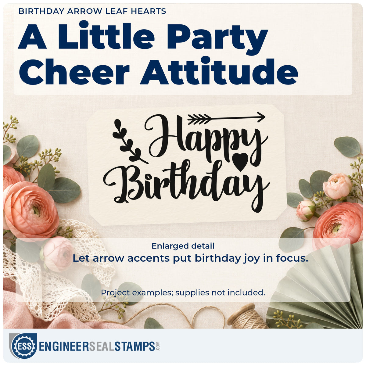 Enlarged detail of the Birthday Arrow Leaf Hearts Premium Wooden Stamp – Vintage Pro imprint. Happy Birthday appears with a right-pointing arrow, a leafy sprig, and a solid heart.