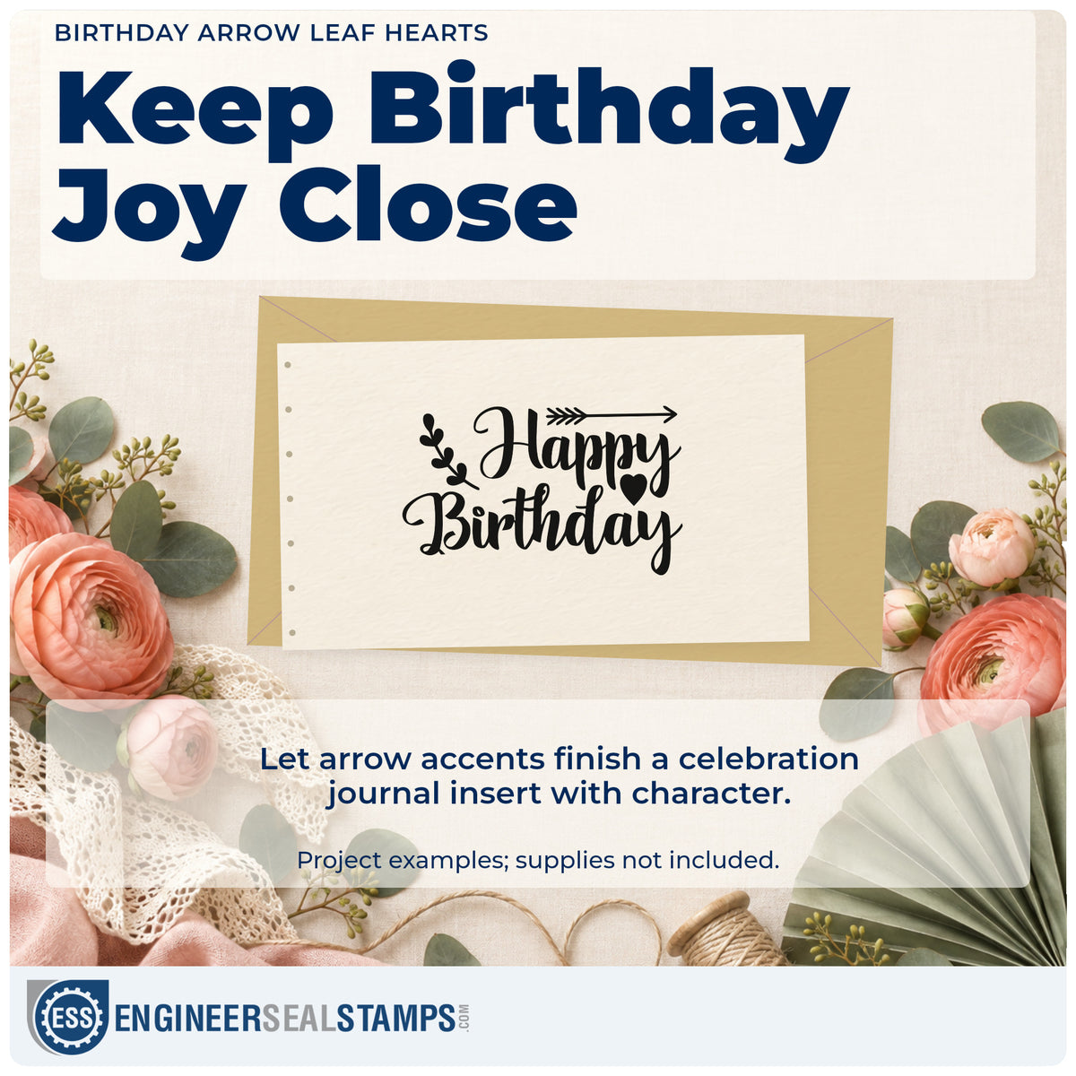 A finished handmade project stamped with the Birthday Arrow Leaf Hearts Premium Wooden Stamp – Vintage Pro, ideal for hike day album page.