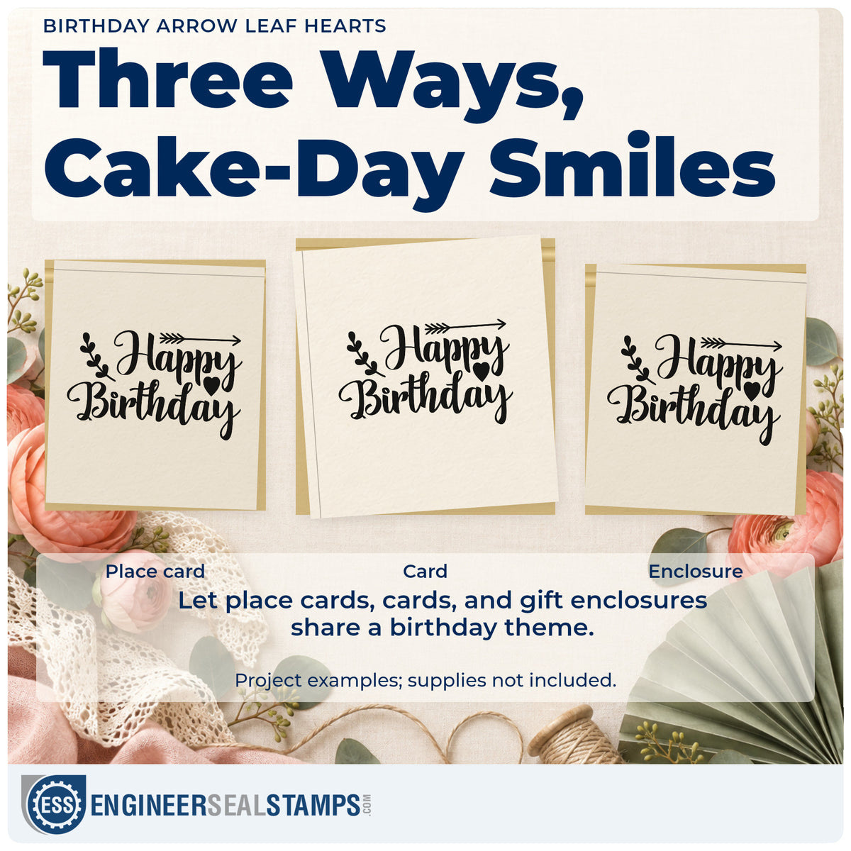 Three project examples made with the Birthday Arrow Leaf Hearts Premium Wooden Stamp – Vintage Pro, including route plan sheet.