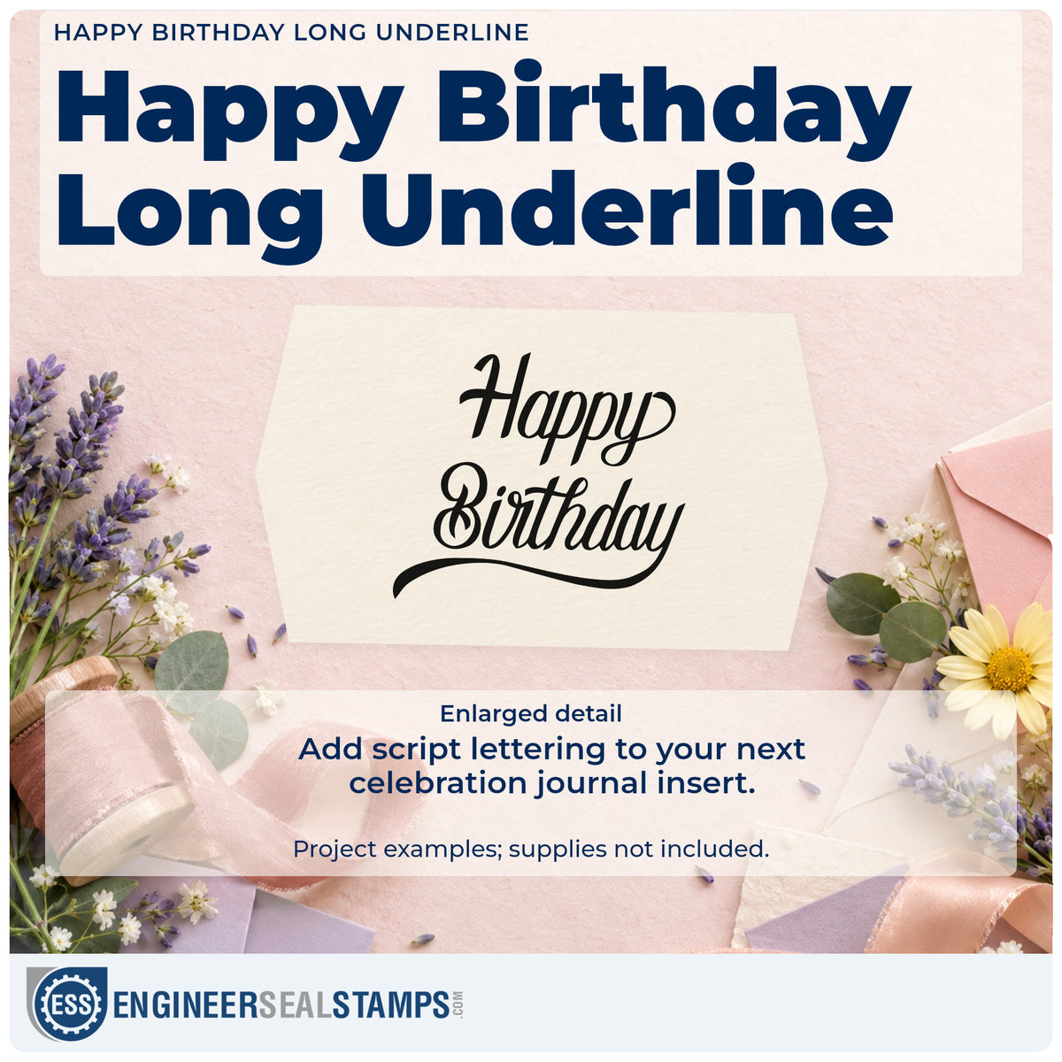 Enlarged detail of the Happy Birthday Long Underline Duo Hand Stamp imprint. Happy Birthday appears in elegant thick script with a long sweeping underline.