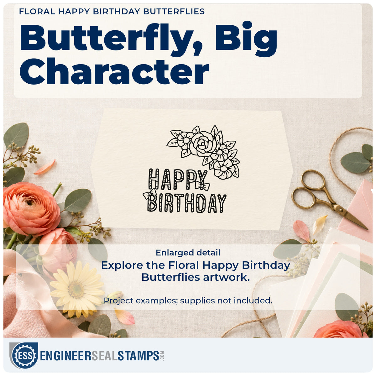 Enlarged detail of the Slim Pre-Inked Floral Happy Birthday Butterflies Stamp imprint. HAPPY BIRTHDAY appears in textured outlined capitals beneath a curved flower spray with small butterflies.
