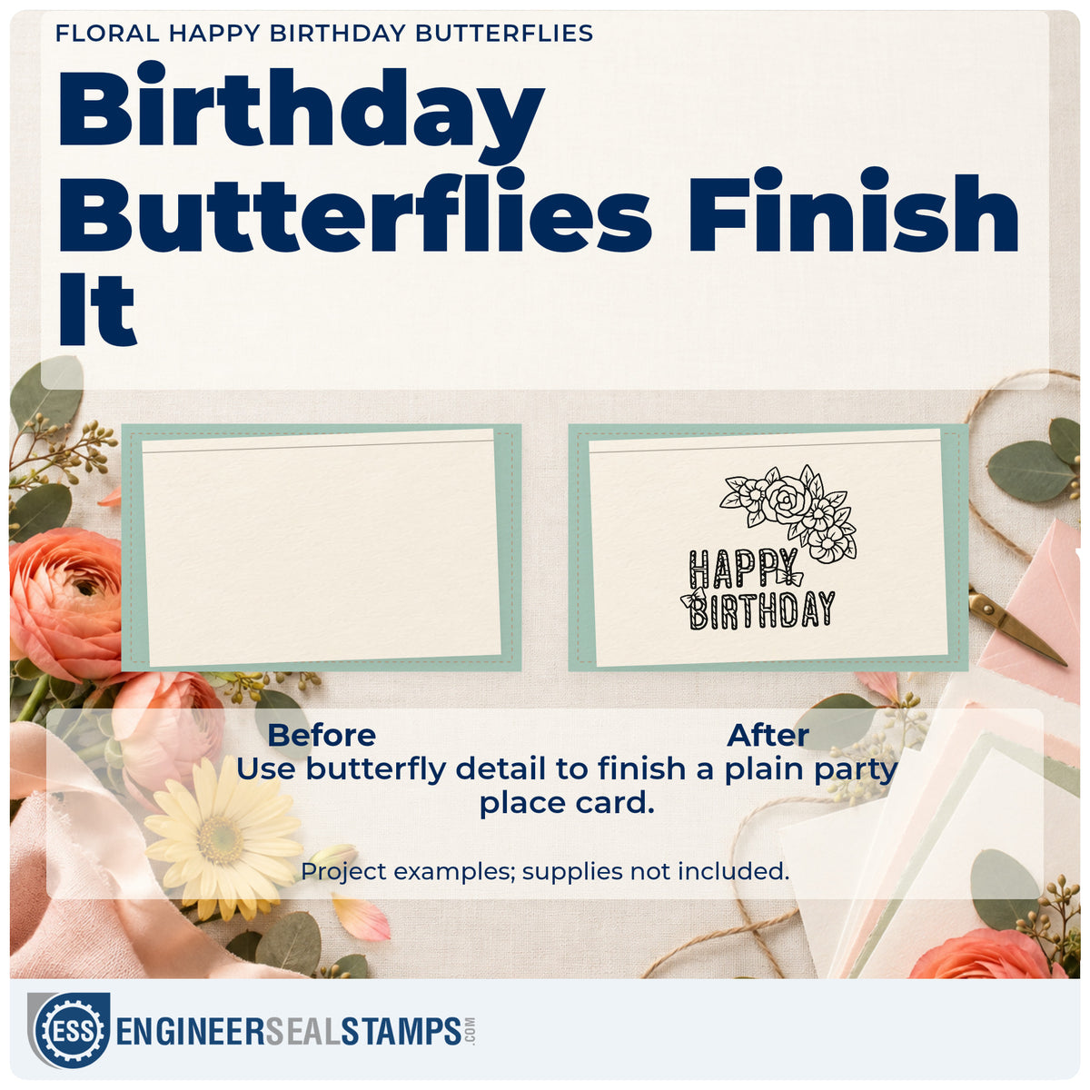 Before and after of a plain item finished with the Floral Happy Birthday Butterflies Rubber Stamp – Duo Hand, a quick upgrade for framed garden gate.