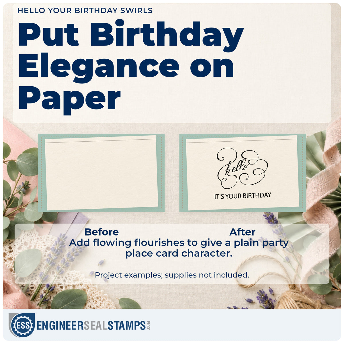 Before and after of a plain item finished with the Hello Your Birthday Swirls Lettering Flourish Premium Wooden Stamp – Vintage Pro, a quick upgrade for framed on air booth.