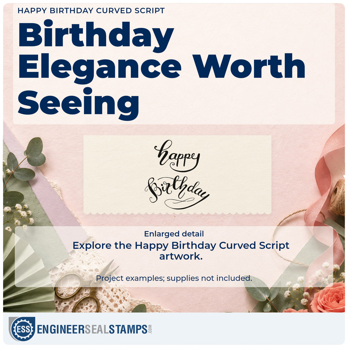 Enlarged detail of the Happy Birthday Curved Script Rubber Stamp – Wood Handle imprint. happy birthday appears in two lines of graceful script with curved flourishes and an arched lower word.