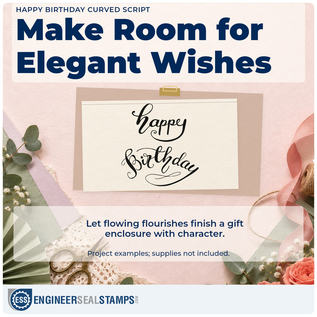 A finished handmade project stamped with the Happy Birthday Curved Script Rubber Stamp – Wood Handle, ideal for guest book album page.