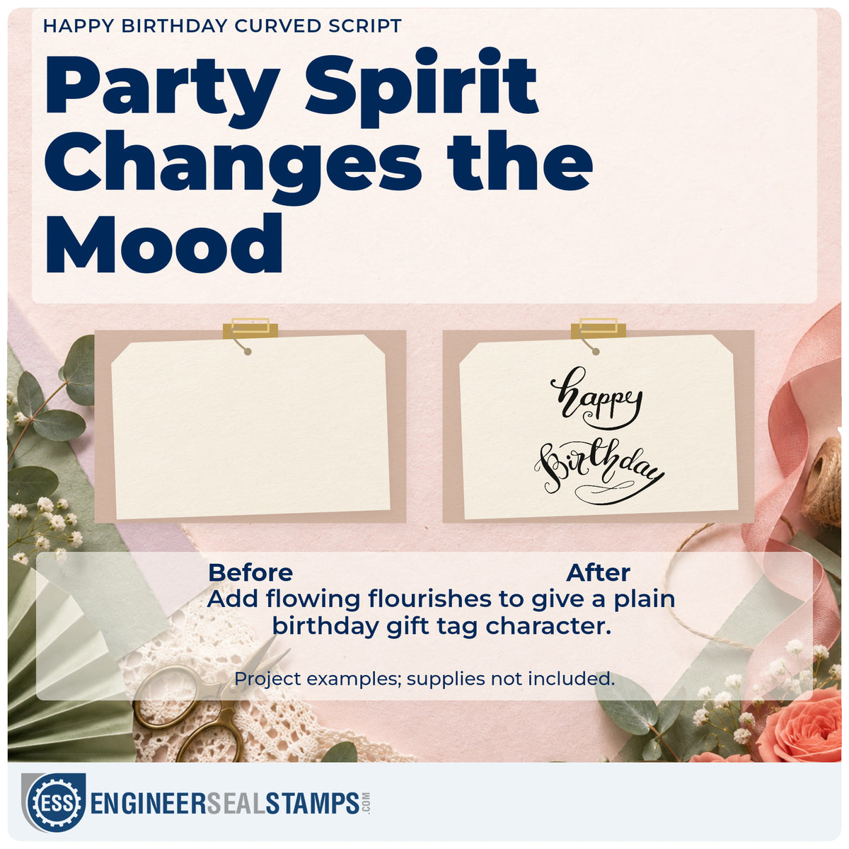 Before and after of a plain item finished with the Happy Birthday Curved Script Rubber Stamp – Wood Handle, a quick upgrade for framed signing table.