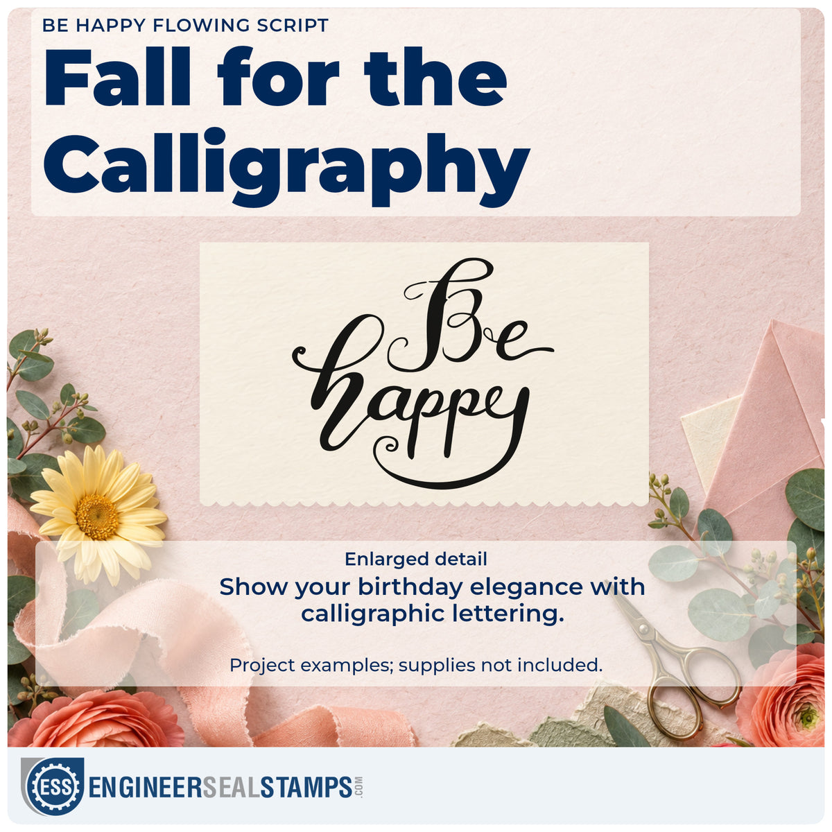 Enlarged detail of the Be Happy Flowing Script Lettering Slim Pre-Inked Stamp imprint. Be happy appears in flowing calligraphy with long sweeping curves.