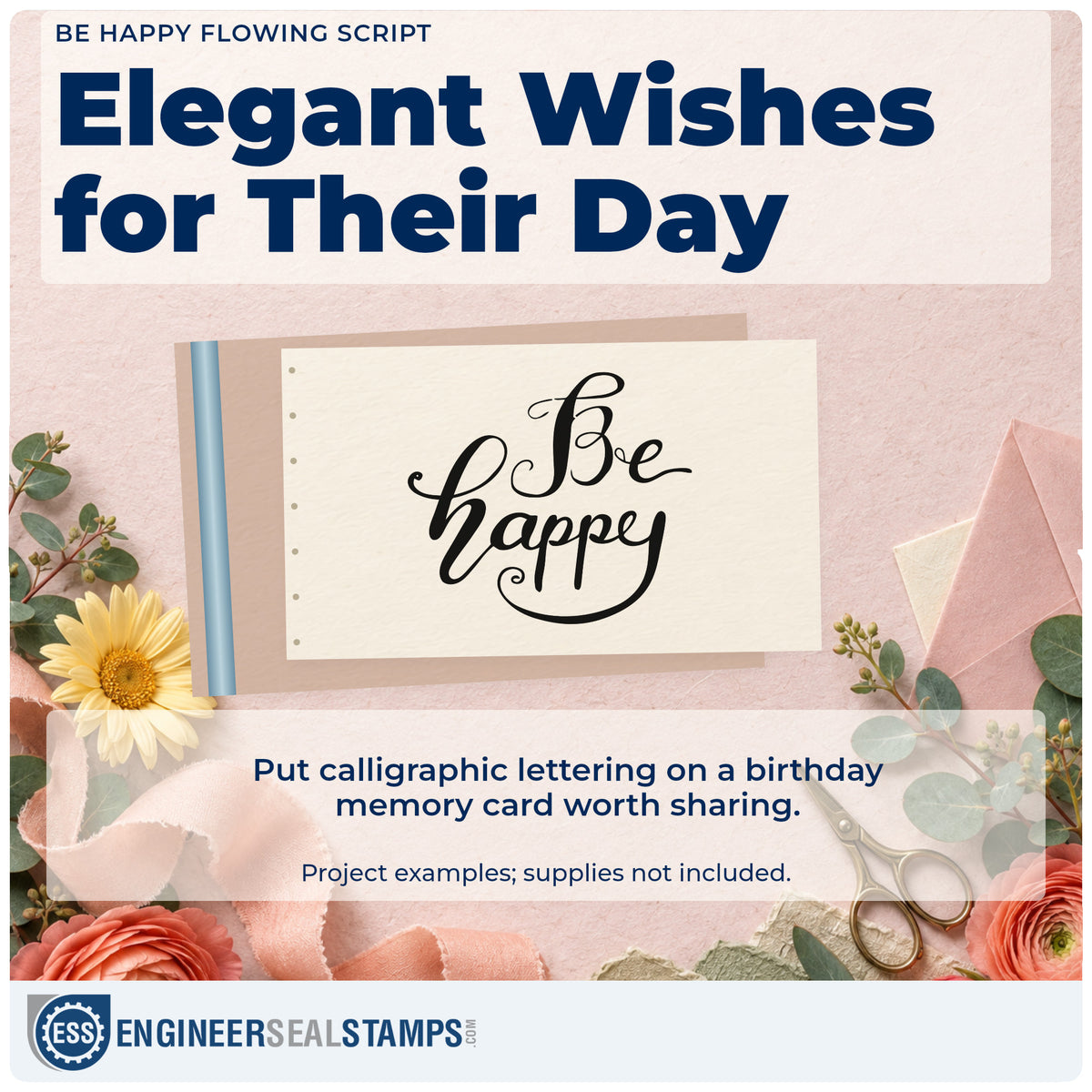 A finished handmade project stamped with the Be Happy Flowing Script Lettering Slim Pre-Inked Stamp, ideal for slow day album page.