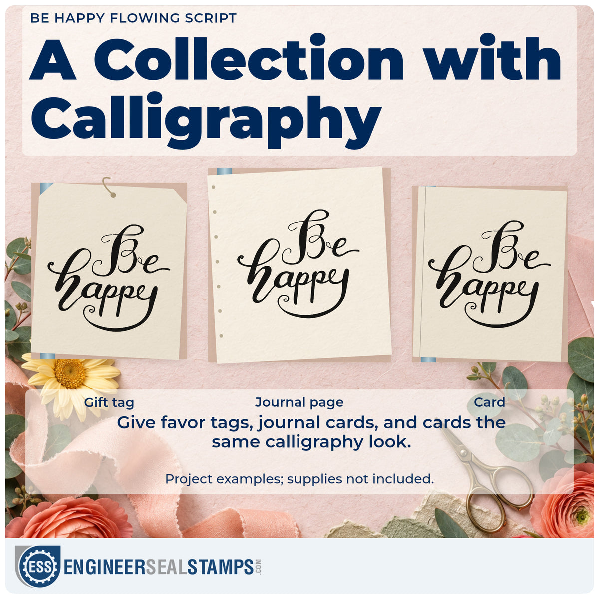 Three project examples made with the Be Happy Flowing Script Lettering Slim Pre-Inked Stamp, including nothing plan sheet.