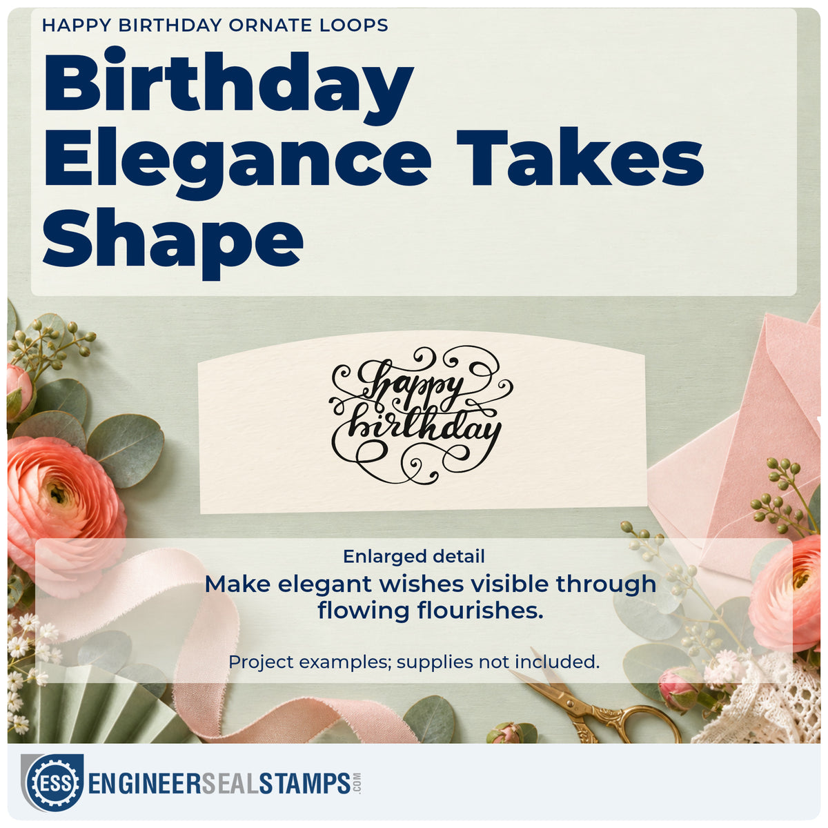 Enlarged detail of the Vintage Pro Happy Birthday Ornate Loops Premium Wooden Stamp imprint. happy birthday appears within dense swirling calligraphic flourishes.