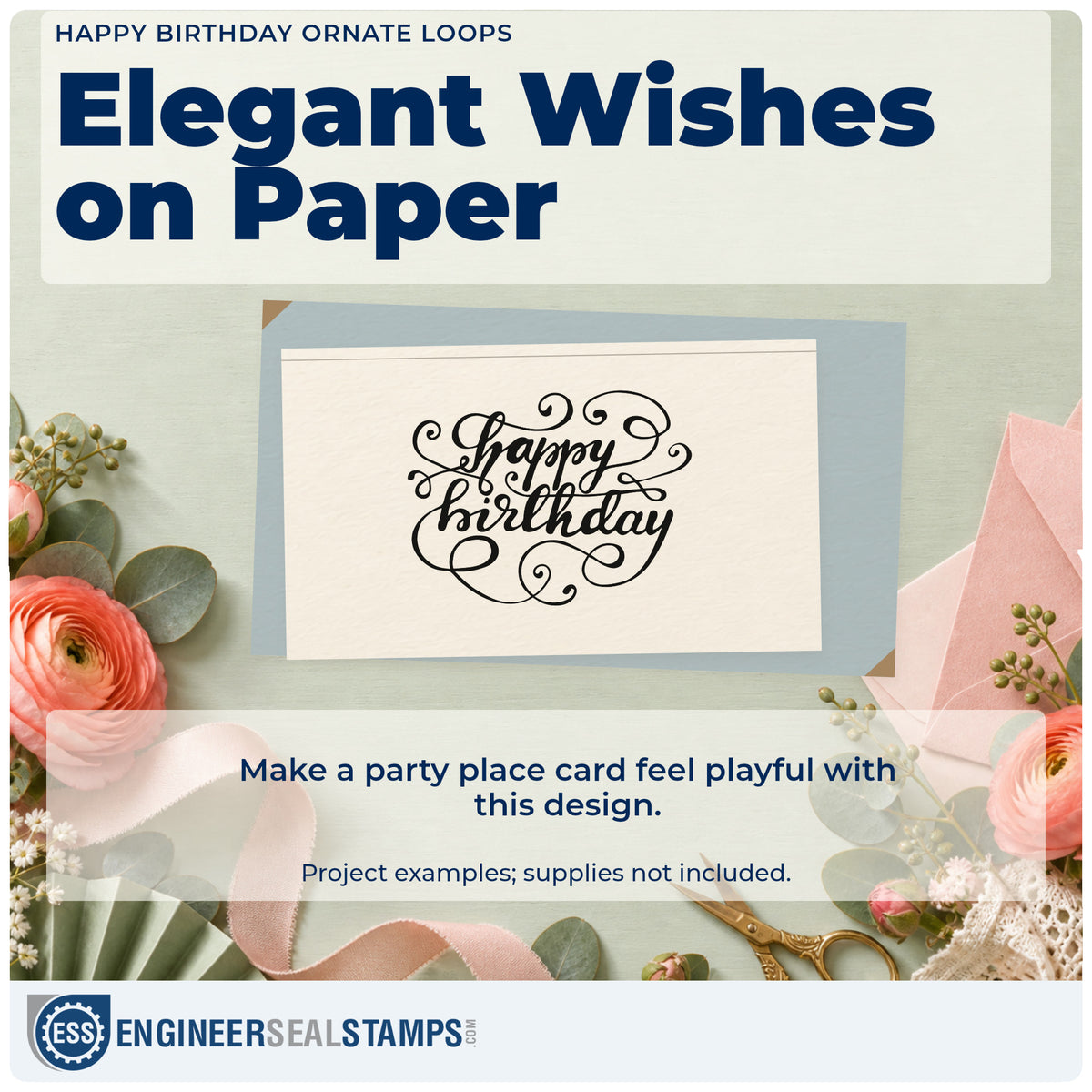 A finished handmade project stamped with the Happy Birthday Ornate Loops Stamp – Self-Inking, ideal for elder year album page.